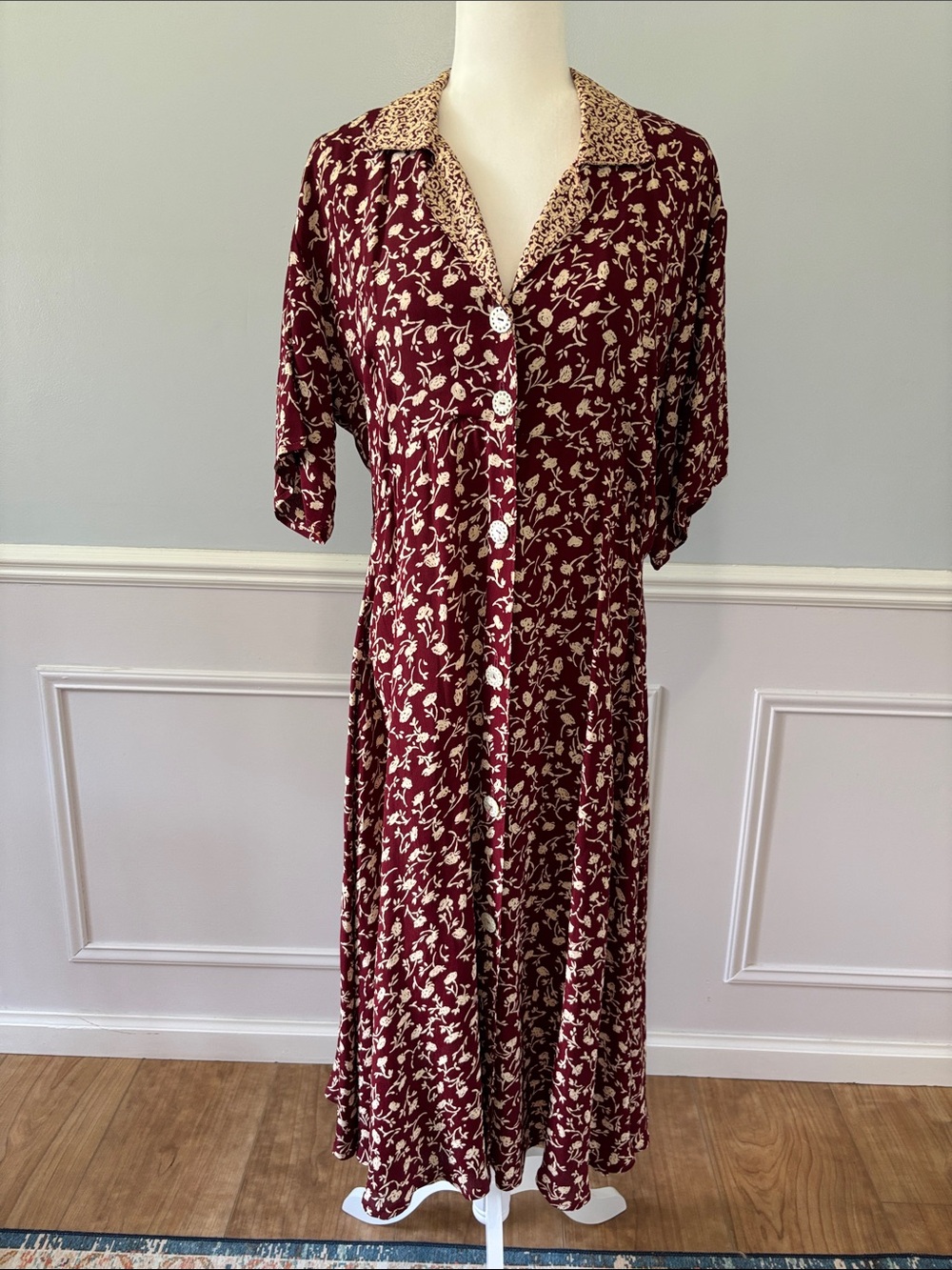 Dress to Kill Vintage-Style Midi Dress Sz One Size Burgundy Floral Button Rayon